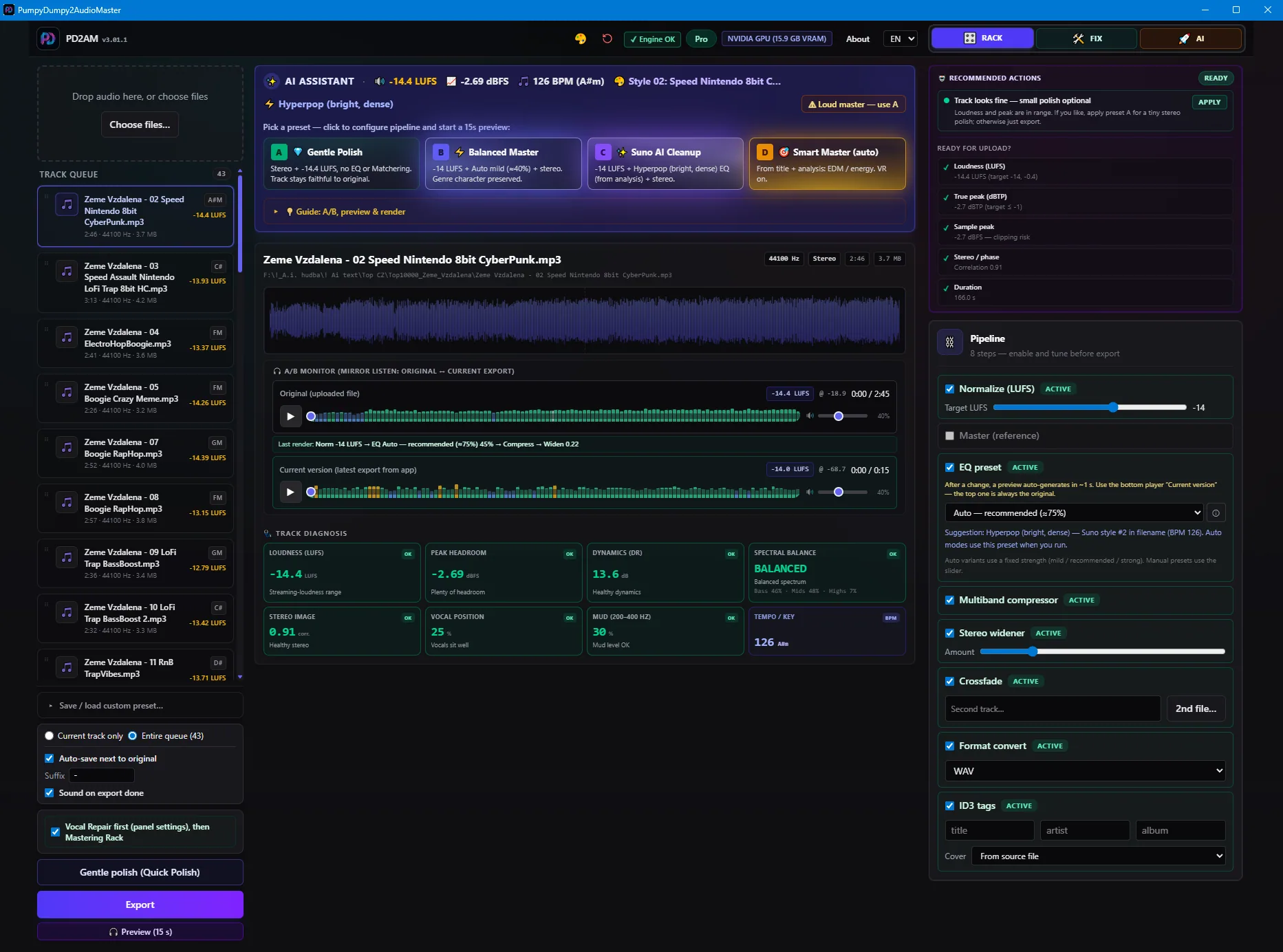 PD2AM Mastering Rack with AI assistant, track diagnosis, and pipeline