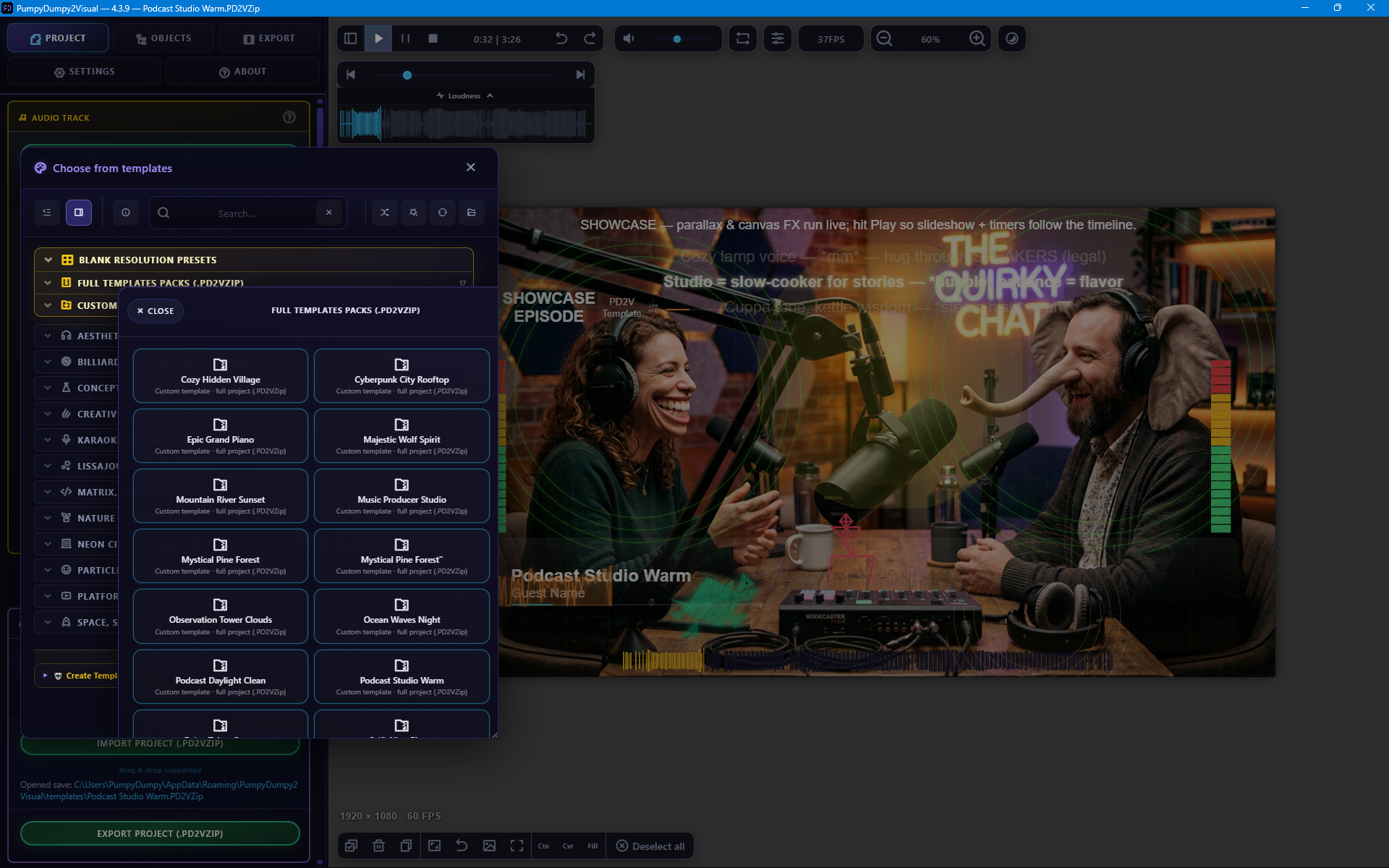 Templates, presets, and project import or export