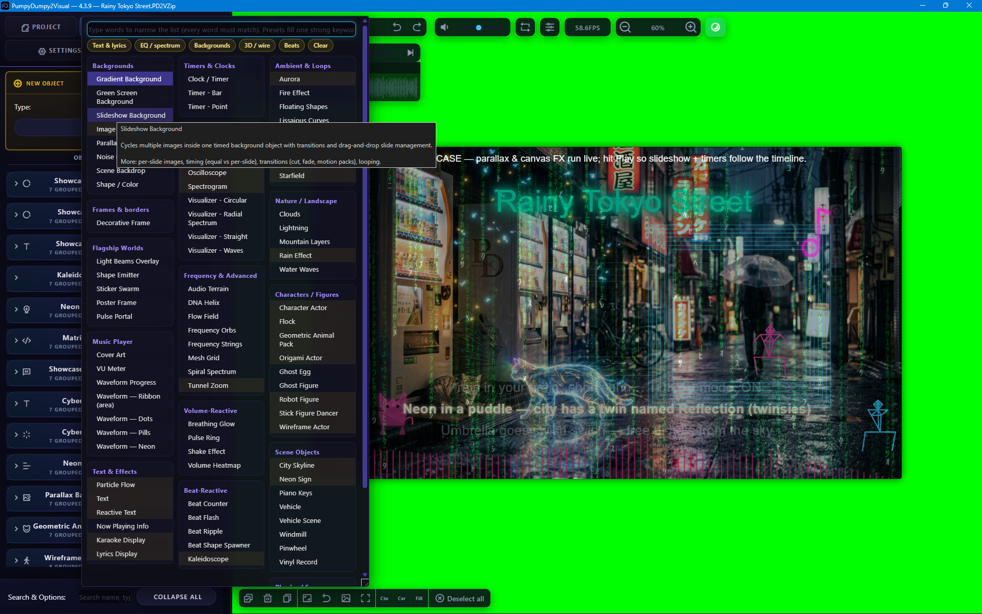 Objects tab — backgrounds, props, visualizers, particles