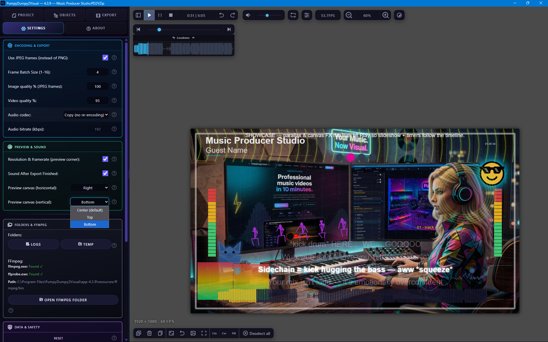 Encoding, preview audio, and FFmpeg paths